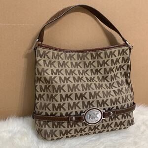 MICHAEL KORS Large Brown North South Logo Canvas Bucket Hobo Bag